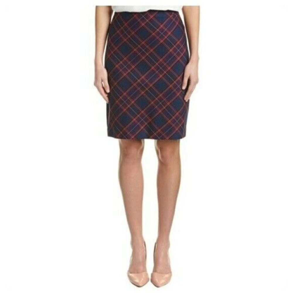 Trina Turk Skirt Crissy Pencil Tartan Plaid Skirt  Navy Blue Pink SZ 10 NWT